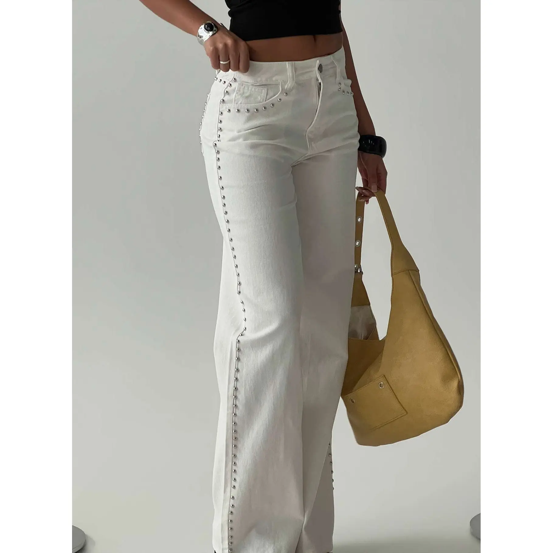 Saving Up Mid Rise Straight Leg Studded Jeans White