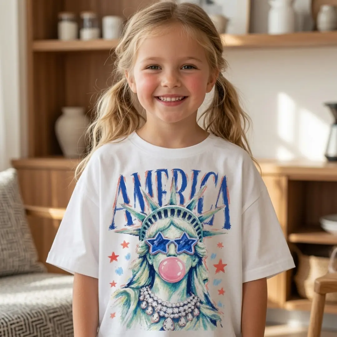 Preppy Brushstroke Statue Of Liberty Blowing Bubble TShirt, Girly USA Youth Adult Tee, America 4th July Coquette Design, SUmmer Outfit, Top Unisex Fit