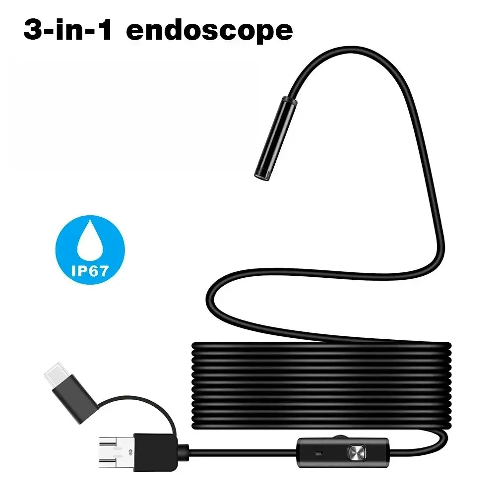 Compact Waterproof 3-in-1 USB Endoscope with LED Lights, 7mm Soft Cable Borescope Inspection Camera for OTG Android Phones, USB-C/PC/MacBook, 1m/2m Snake Camera for Pipeline Inspect, Photo Video Capable