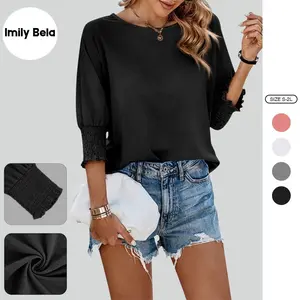 Imily Bela Women’s Tops Casual Crewneck T Shirt 3/4 Smocked Sleeve Summer Loose Fit Blouse Solid Color Tunic Shirt