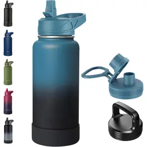 32oz Insulated Water Bottle with Straw, Stainless Steel Metal Vacuum Water Flask, Large Thermos Water bottle with Leakproof 3 Lids for Travel, Camping, Gym  Indigo Black