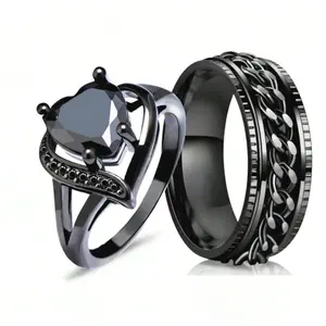Gothic Engagement Ring - Fashion Black Zinc Alloy with Heart Shape Gemstone for Men and Women, Ideal for Wedding and Valentine's Day