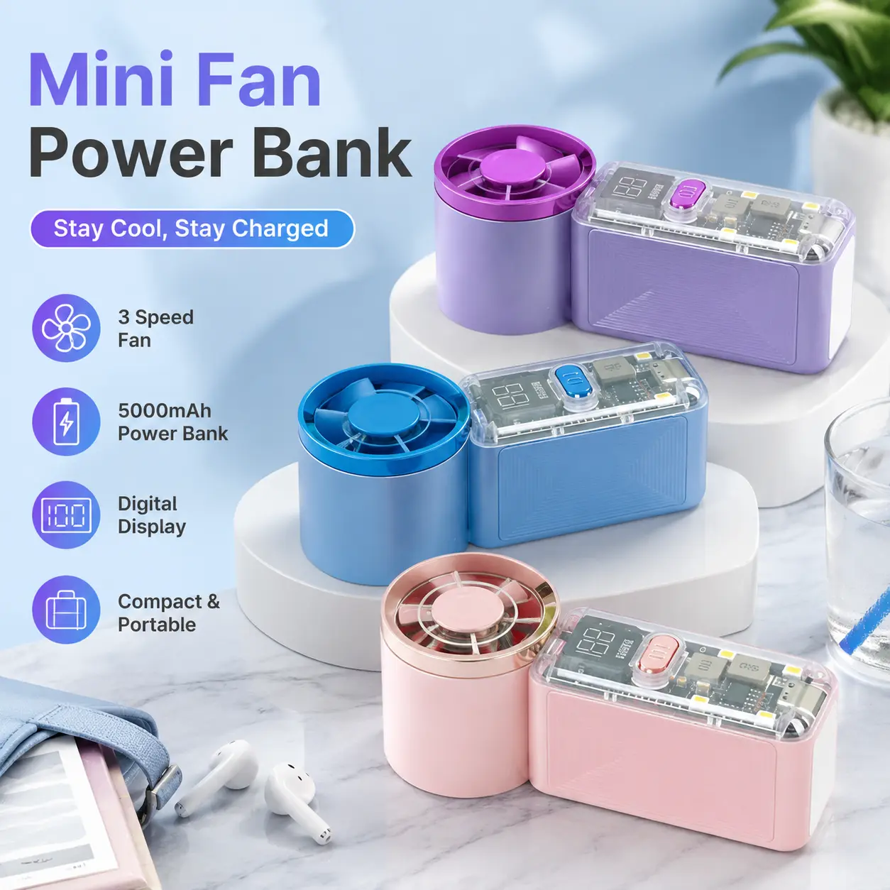 100-Speed Adjustable Mini Handheld Fan with LED Display, Rechargeable Portable Cooling Fan, Long Battery Life, Low Noise USB Fan for Travel, Camping & Outdoor Use