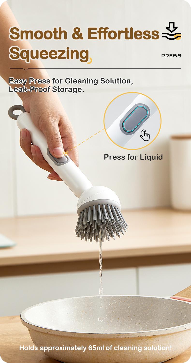 6-in-1 Dish Brush with Detergent Dispenser 360° Rotating Scrubber for Pots Pans Dishes & Utensils Adjustable Angles Non-Slip Grip Handle Durable PET Bristles Ergonomic Design Anti-Slip Grip Integrated Soap Dispenser