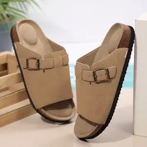 Womens Flat Sandals with Comfort Cork Footbed, Open Toe Slides Adjustable Slip On Slippers for Summer Springfresh