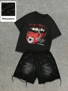 This men's two-piece set includes a short-sleeved T-shirt and a pair of shorts. The T-shirt features a streetwear Graphic print with mouth and star motifs. The shorts have a drawstring waist and are embellished with rhinestones. Perfect for summer wear.