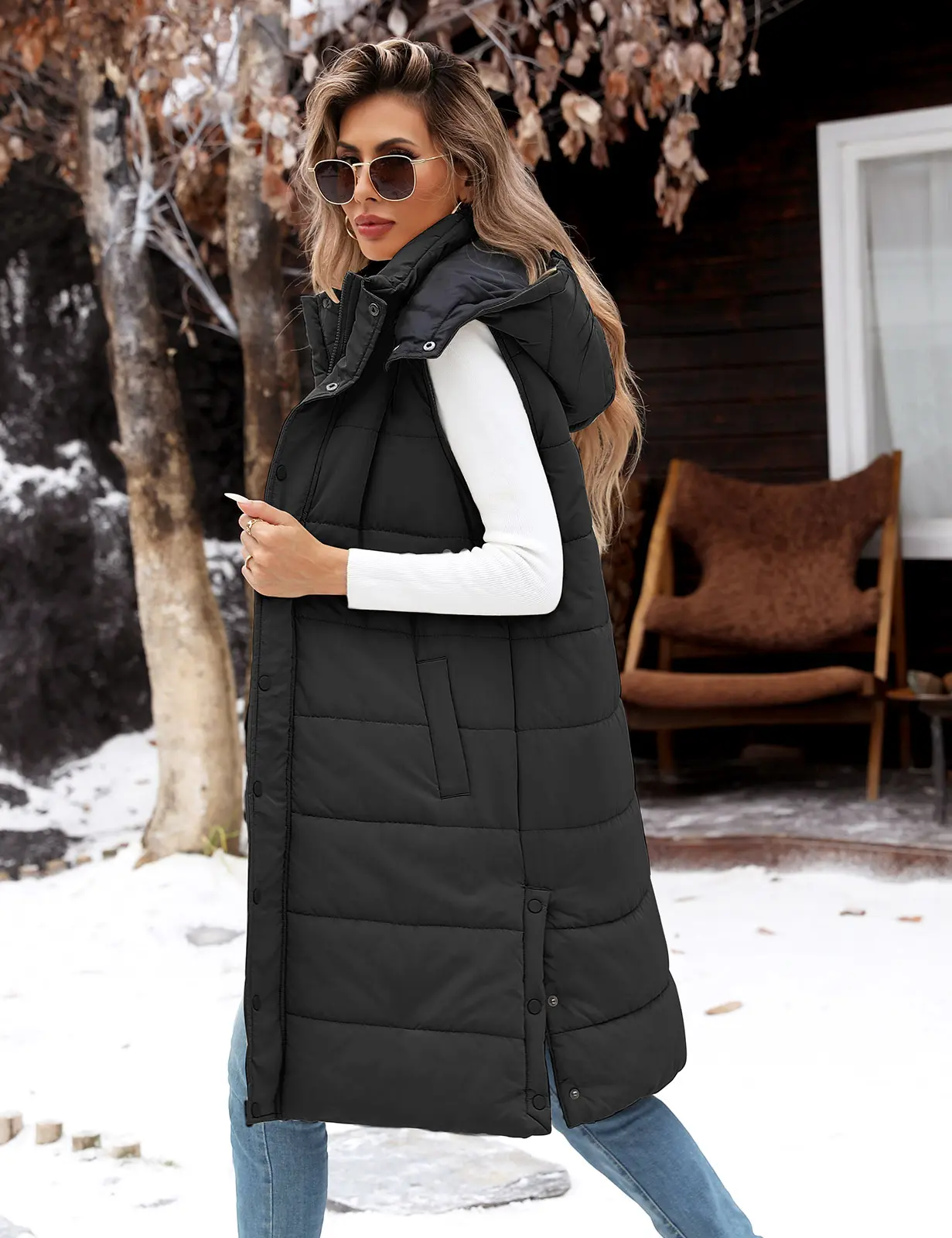 FASHORA Women Long Puffer Vest Detachable Hood Sleeveless Quilted Jacket Zip Up Button Down Winter Warm Gilet Coat Black Casual