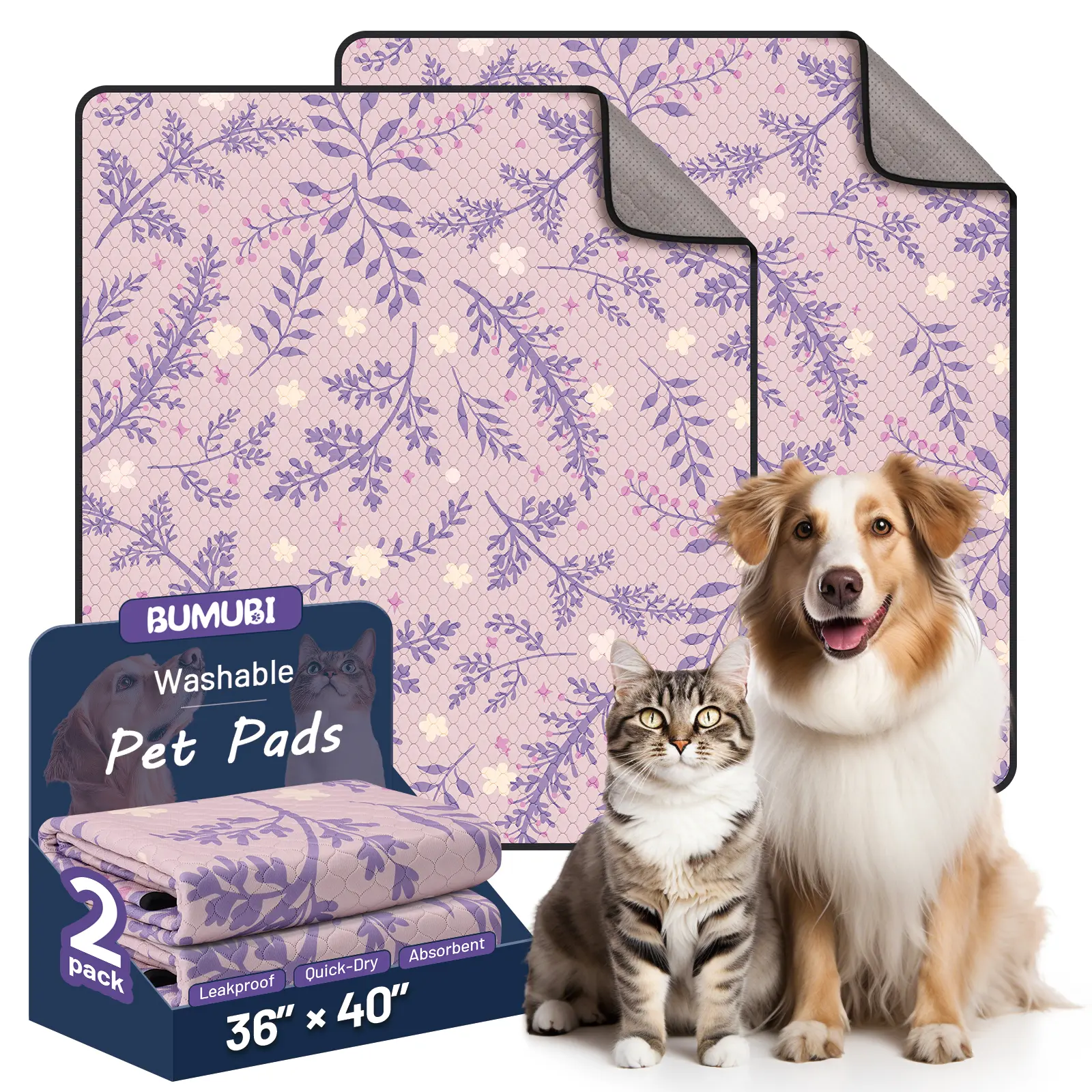 2-Pack Reusable Dog Pee Pads: Super Absorbent, Waterproof & Leak-Proof, Non-Slip, Ideal for Training, Playpens, Crates, Sofas, Cars, Beds & More (Washable)