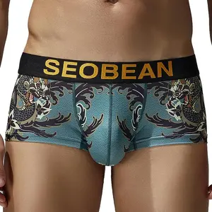 SEOBEAN Hibin New Menswear Low-Rise Single-Layer Pocket Boxers, Polyester Dragon Totem Printed Underwear for Men, Ideal Guys' Gifts