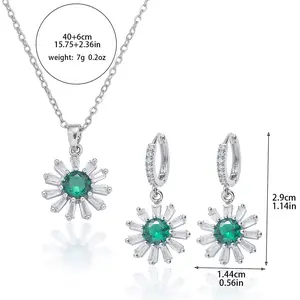 3PCS Jewelry Set, Green Flower Necklace + Earrings, Green Flower Trendy Style Pendant Elegant Outfit Titanium Steel Necklace