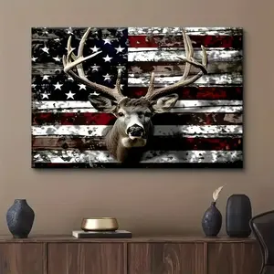 2D Flat 1pc, [Rustic American Flag Poster] Rustic American Flag& Deer Hunting Art Poster- Thick Wood Framed Canvas Wall Decor, Patriotic Wildlife Art for Farmhouse, Cafe, Restaurant- Unique Gift for Outdoorsmen