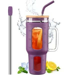 Bluego 24 40 46 oz Glass Tumbler with Lid and Straw, Iced Coffee Cup with Handle, Glass Water Bottles with Silicone Sleeve, Glass Cup with Straws - Pearl Straw & Drinking Straw BPA Free