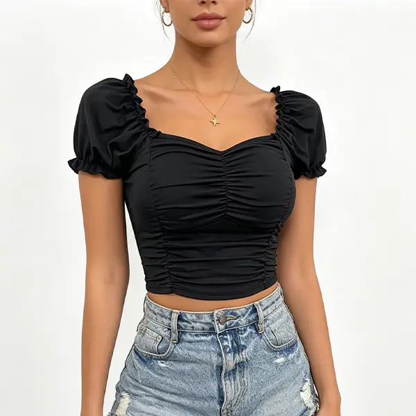 Puffy Sleeve Crop Top, Women's Sweetheart Neck Ruched Bustier, Cute Casual Ready to Wear Blouse, Jeans