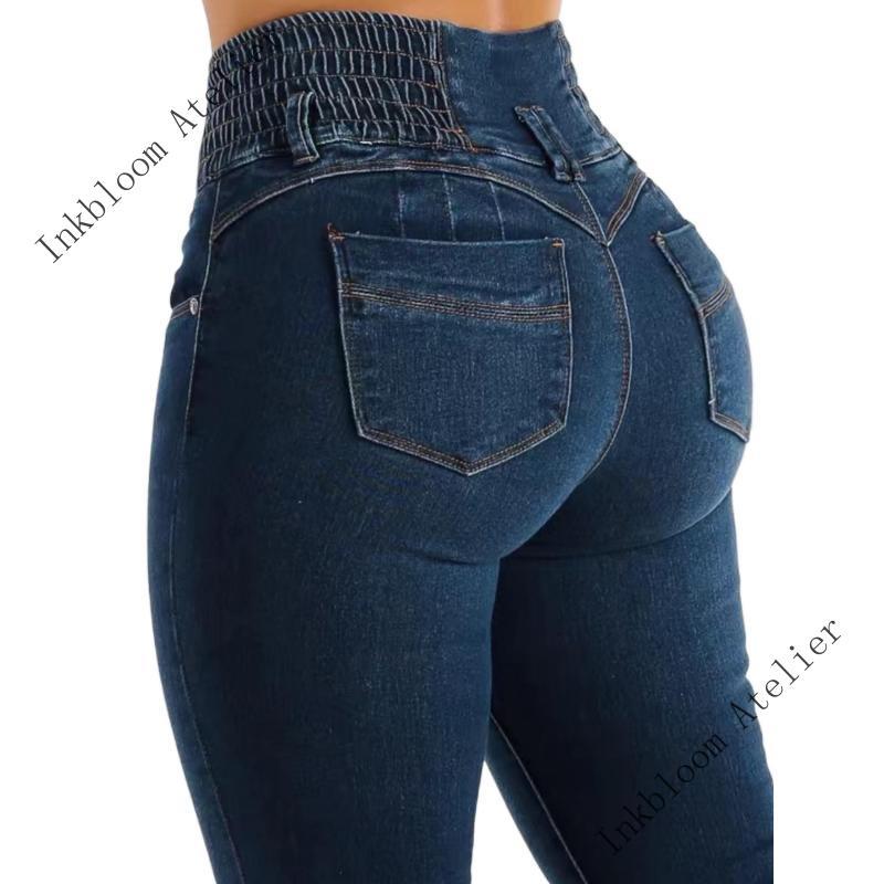 InkbloomAtelierWomen'SHighWaistSkinnyJeans,PolyesterRayonSpandexBlend,HighStretch,SolidColor,ButtonDetails,All-Season,StreetStyle