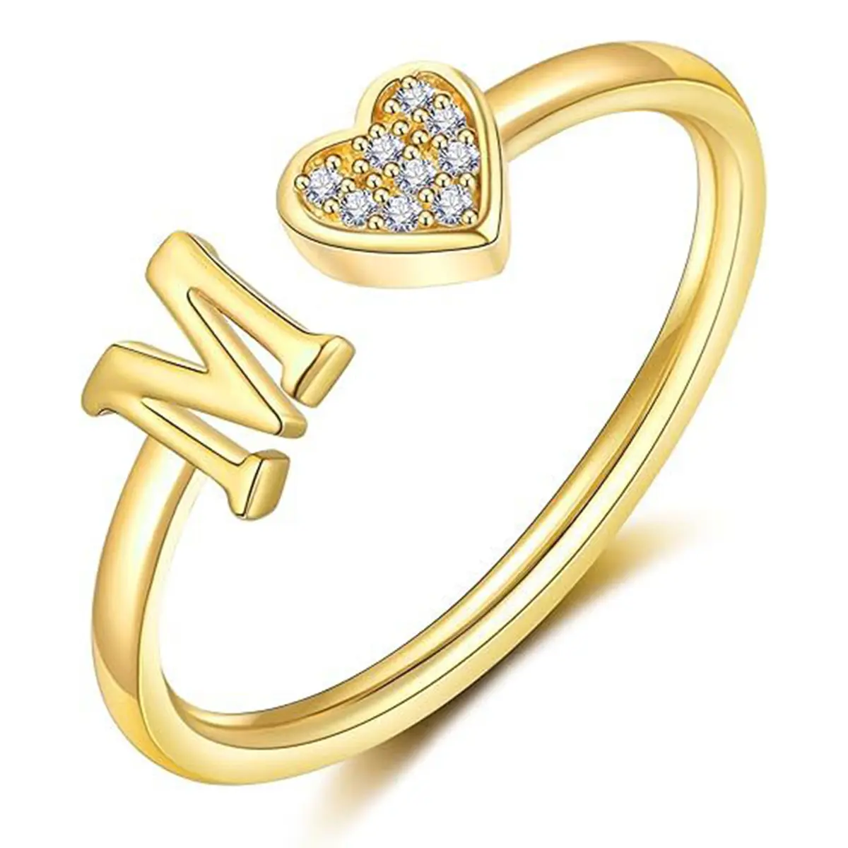 Women's Adjustable Initial Heart Gold Ring - Fashionable Delicate Stackable Letter Ring, Gift for Women's Proposal, Engagement, Gold Rings