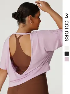 1 PCS Plus Size Women's Solid Color Round Neck Crossover Backless Loose Short Sporty Short Sleeve T-Shirt, Comfortable and Breathable Sporty Shirt Blouse Match the Sports Bra Active Top Gym Workout Clothes Backless Sports Tee Gym Workout Tops