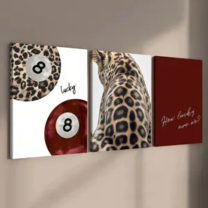 3-Pack Wood Frame Canvas Art Posters, Leopard Print Billiard Elements, Lucky Lettering, Modern Home Decor, Waterproof, Gift Idea, Wall Picture