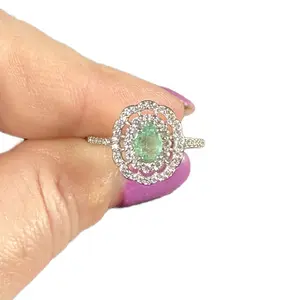 Gorgeous Emerald and Moissanite chips S925 silver adjustable ring