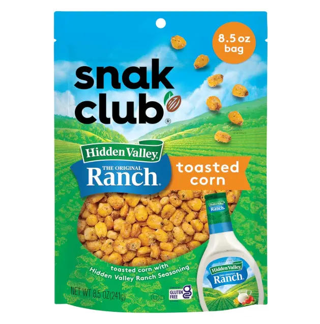 Snak Club Toasted Corn with Hidden Valley Ranch Seasoning, Roasted and Salted Corn Nuggets, Gluten-Free and Kosher Snack, 8.5 oz Resealable Bag