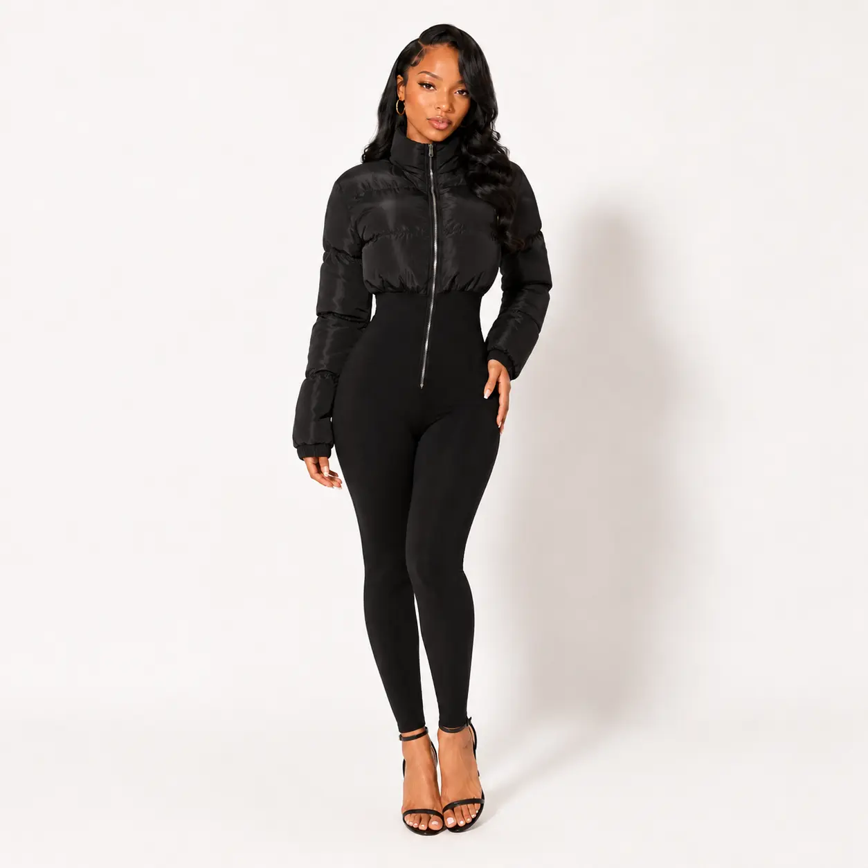 Women's Fitted Puffer Jumpsuit Coat Combo Overalls - Long Sleeves,Fashion Womenswear Suit Set Zipper