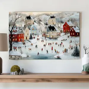 Christmas Village Wall Art Snowy Winter Town Poster Abstract Holiday Snow Landscape Canvas Painting Vintage Ice Skating Print Festive Decor for Living Room 08x12 12x18 16x24 20x30 24x36 Inches Framed Unframed Options