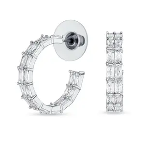 Bridal Statement CZ Emerald Cut Baguette Eternity Huggie Hoop Earrings Wedding 14K Gold 1 Inch