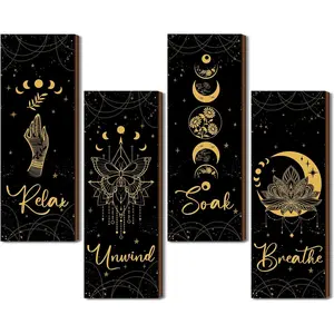 4 Pcs Rustic Boho Wall Decor Moon Phases Wall Art Witchy Room Decor Relax Soak Unwind Breathe Hanging Gothic Minimalist Farmhouse Moon Sign Pediments for Bathroom