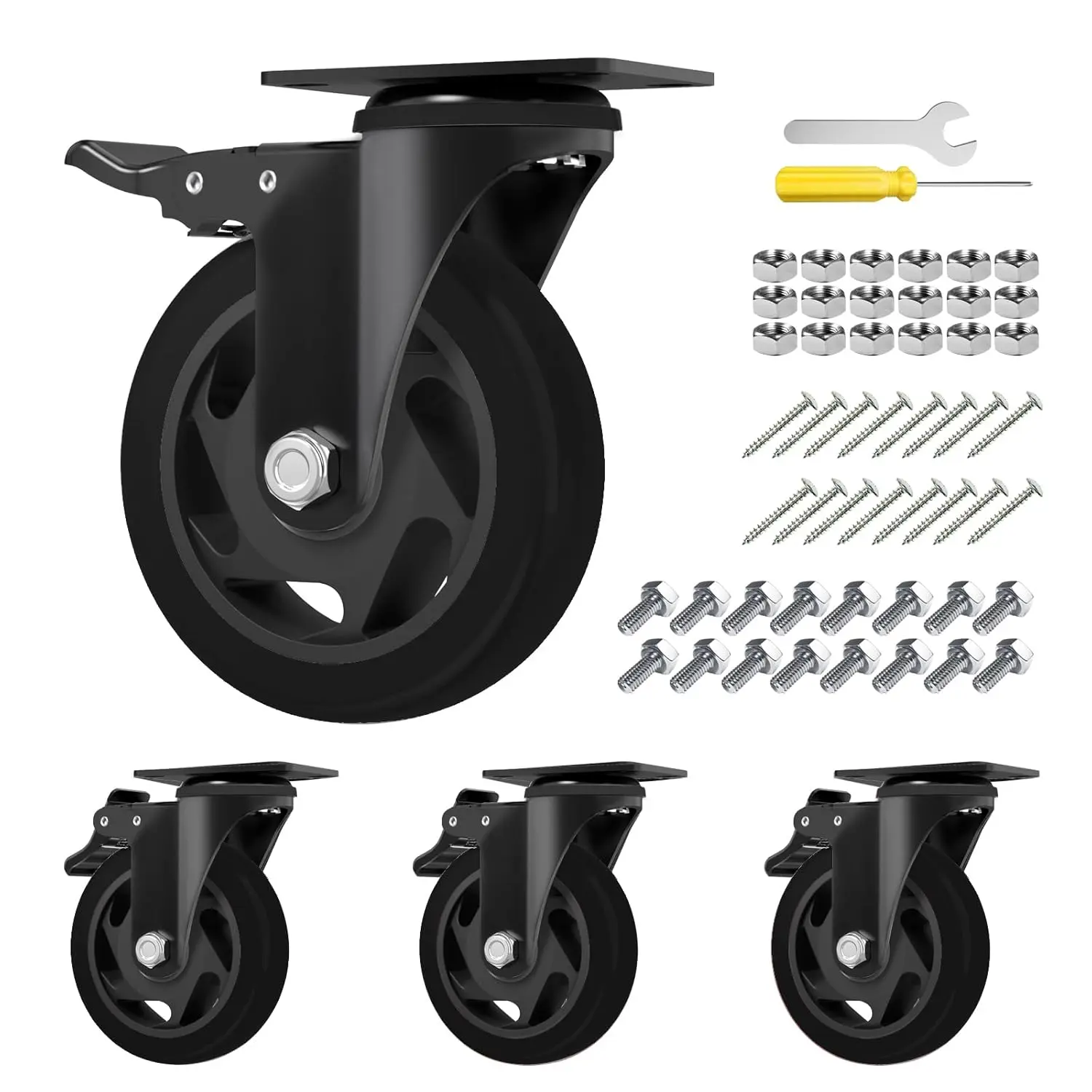 4" Caster Wheels,Caster Set of 4,  Heavy Duty Casters with , No Noise Locking Casters with Black Polyurethane (PU) Wheels, Swivel Plate Castors