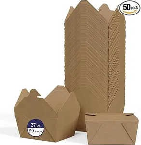 50-Pack Food-Grade Kraft Paper Containers, Customizable Disposable Takeout Boxes, Oil-Resistant, Leak-Proof, Microwave-Safe Kitchen Preserving Containers