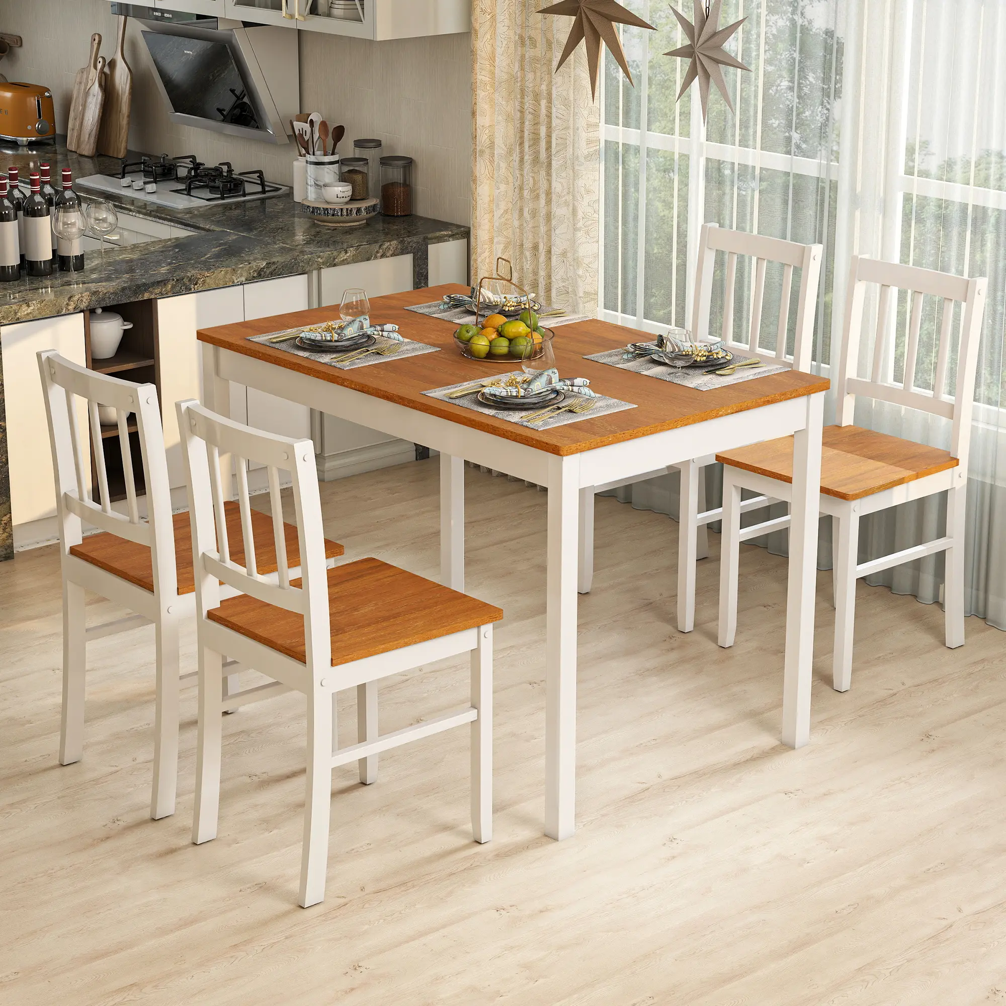 Scandinavian Style 5-Piece Dining Room Set, Modern Gray & White Table with 4 Chairs, Space-Saving Rubber Wood Clean Design for Kitchen, Apartment Decor