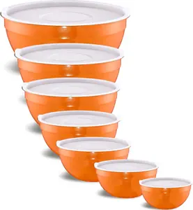 Orange Mixing Bowls With Airtight Lids,Stainless Steel Bowl,Salad Bowls 7 count Colorful Nesting Bowl Rainbow Kitchen Accessories,Size 7,3.6,2.7,2.1,1.5,1.1,0.8QT Stackable Design