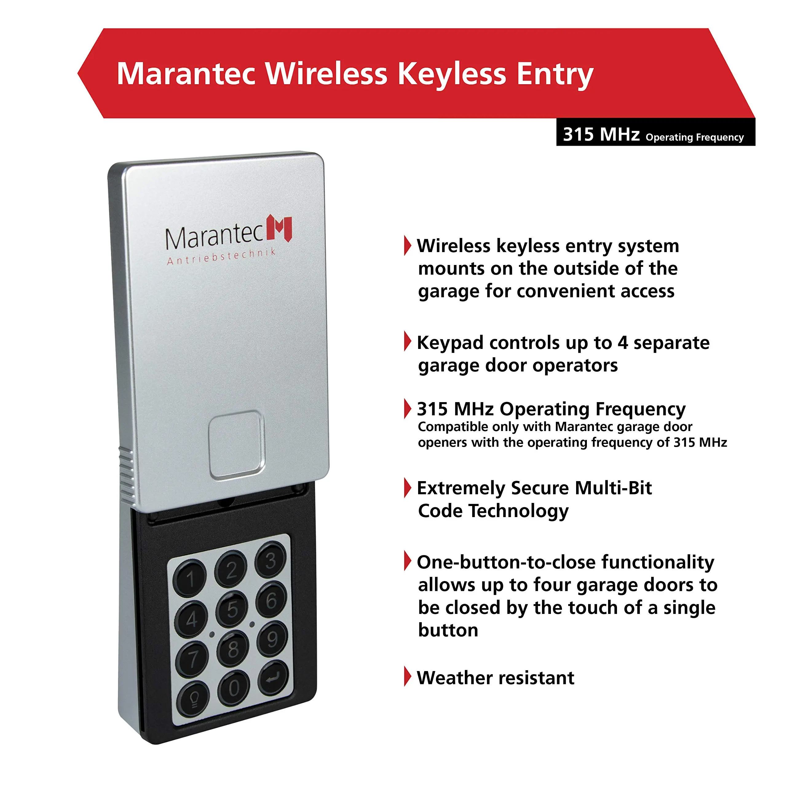 Marantec Wireless Keyless Entry System for Garage, ML-631 Replacement, with Batteries, Multi-Bit Codes, Energy Saving Mode for Apartment Buildings, Weatherproof