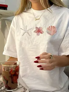 Women Casual Starfish & Shell Print Round Neck Short Sleeve T-Shirt White Summer