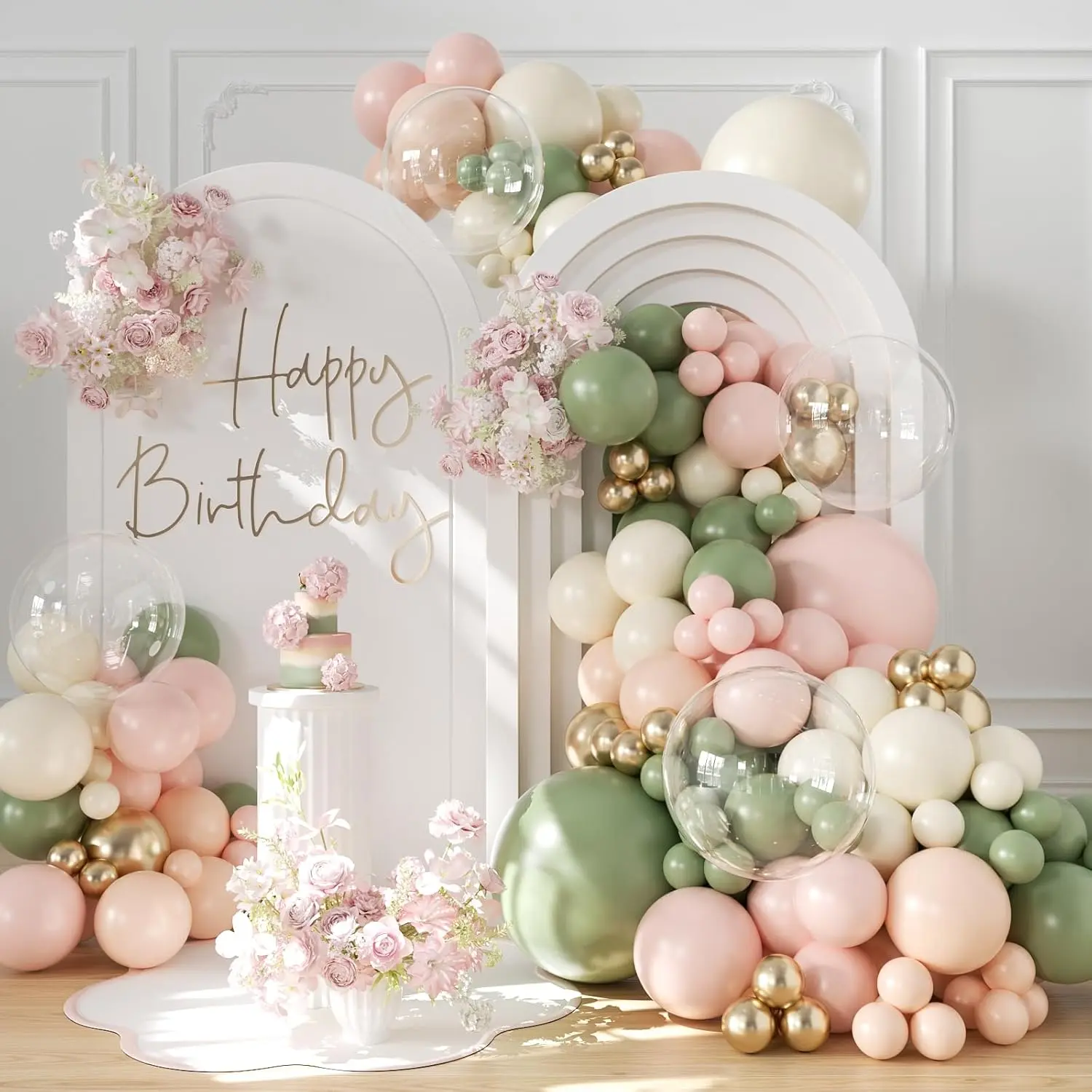Sage Green Pink Gold Balloon Arch Kit 132Pcs Sage Green Pink Peach Ivory White Gold Clear Balloons for Boho Wildflower Shower Bridal Shower Birthday Party Tea Party Decorations