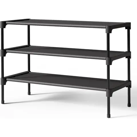 Shoe Rack - Non-Woven Shoe Rack Shelf, Shoe Organizer for Closet, Entryway, Garage & Corridor, Stackable Shoe Shelves, 27.5" Wide - 3 Tier, Black