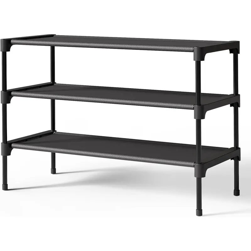 Shoe Rack - Non-Woven Shoe Rack Shelf, Shoe Organizer for Closet, Entryway, Garage & Corridor, Stackable Shoe Shelves, 27.5" Wide - 3 Tier, Black