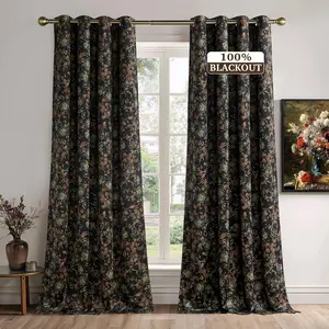 100% Blackout Floral Curtains 84 Inches, Two-Layer Black Print Flower Patterned Velvet Drapes Thick Thermal Vintage Curtains for Bedroom Door, W52 x L84, 2 Panels