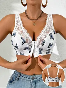 Women's Butterfly Print Lace Patchwork Front Five Button Design Bra, Fashionable Comfortable Underwear, Stylish Ladies' Lingerie