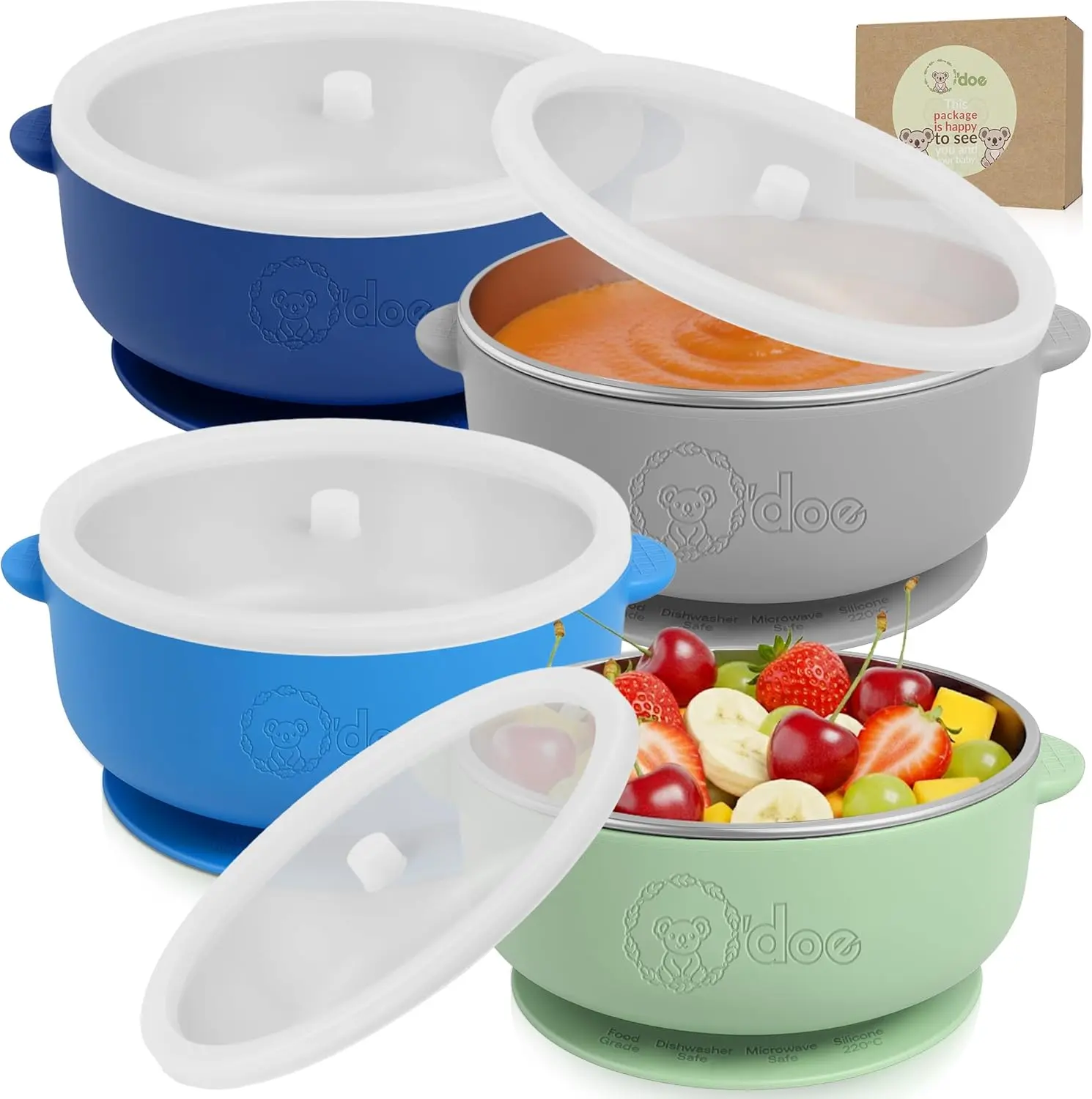 o'doe Baby Bowls with Lids – Stainless Steel Baby Feeding Bowls with Suction | Non-Slip Toddler Bowls for Self Feeding | BPA-Free Kids Bowls for Babys Food & Snacks | Stainless Steel Bowls Kids