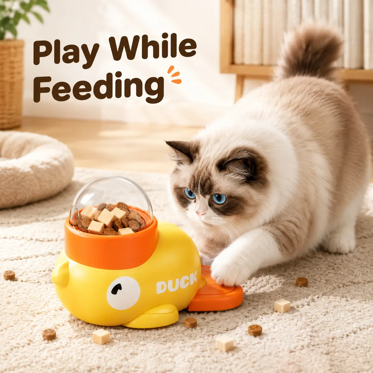 Cat Treat Dispenser Toy, Interactive Duck Puzzle Feeder with Press Pedal, Slow Feeding Enrichment Toy for Cats and Small Dogs
