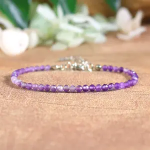 Natural Faceted Amethyst Tiny Beads Crystal Healing Charka Dainty Silver Chain February Birthstone Minimalist Bracelet Gift for Women