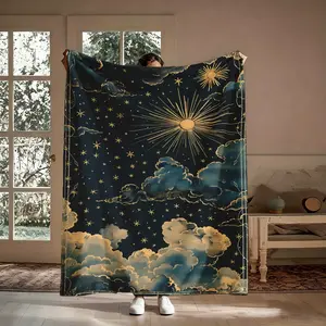 Boho Witchy Starry Night Flannel Throw Blanket, Vintage Sky Gold Stars Swirl Clouds Sun, Soft Cozy Warm, for Couch Bed, Gift for Boho Mystical Lovers Her, Birthday Christmas, Aesthetic Celestial Dreamy Decor