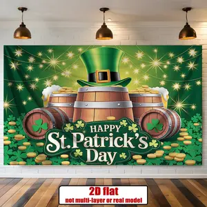 1PC,2D Flat St. Patrick's Day Theme Backdrop, Clover Gold Coin Barrel Party Decor Tapestry, Irish Festival Atmosphere Decoration Wall Hanging, Photography Live Streaming Background Curtain