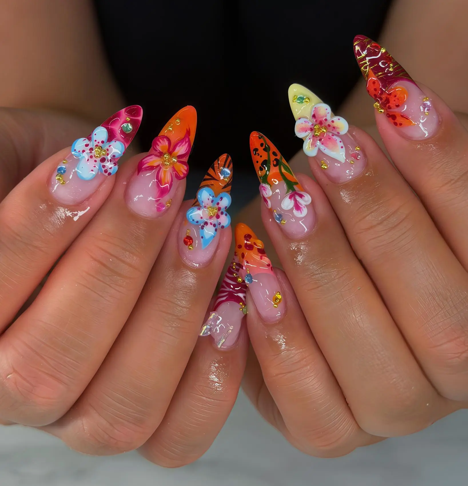Handmade Vibrant Floral Press On Nails, Orange Pink 3D Flower Glue On Nail Set with Gold Stud Accents, Reusable Bold Summer Fake Nails for Vacation & Everyday Wear
