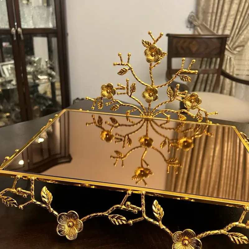 Large Tray/Stand for Tea, Coffee, Dessert - Decorative Design with Floral Accents, Ideal for Display and Organization - Plates