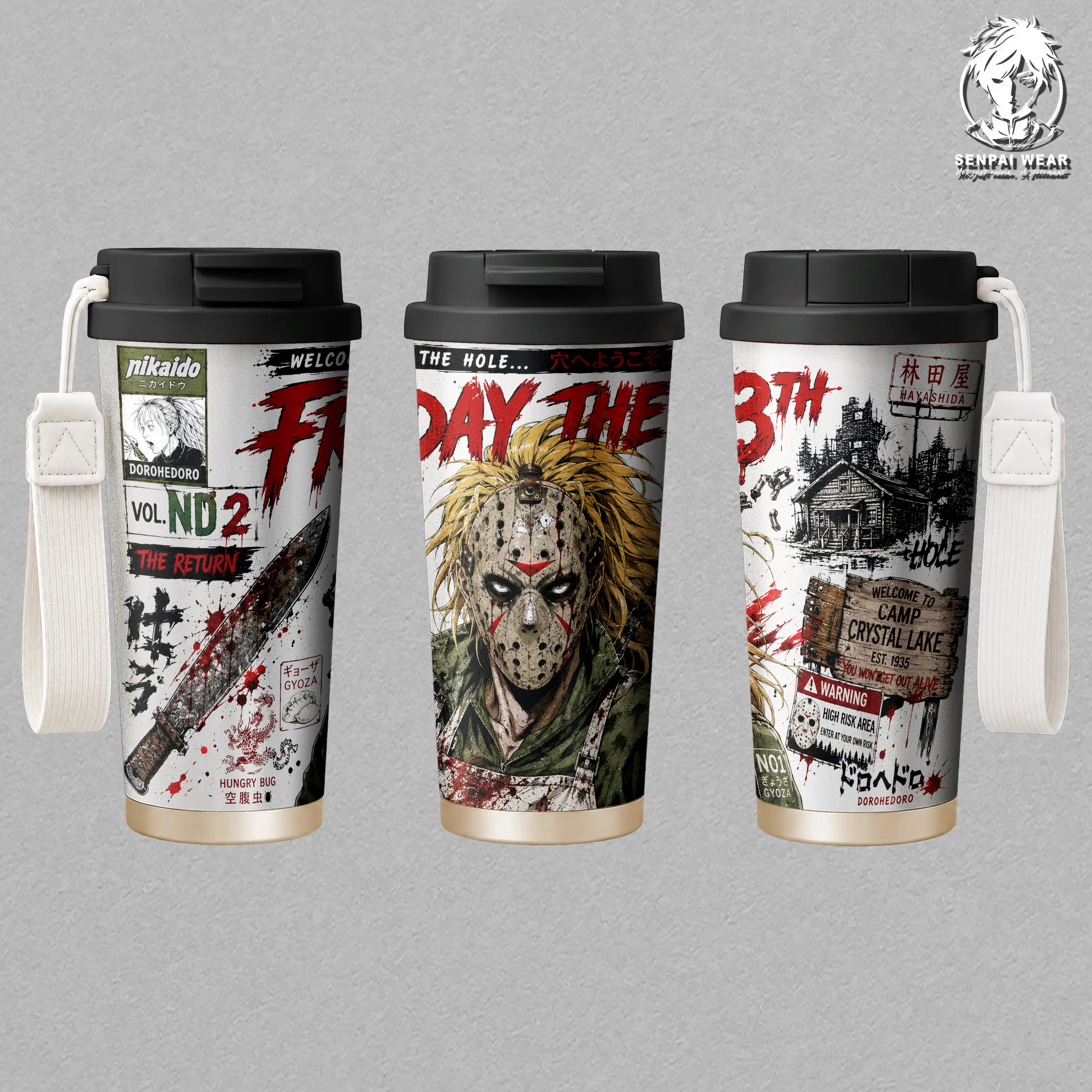 Nikaido x Jason Voorhees Insulated Tumbler, Dorohedoro Anime Travel Mug, Camp Crystal Lake Manga Wrap Thermal Cup, Dark Slasher Gift for Anime & Horror Fans