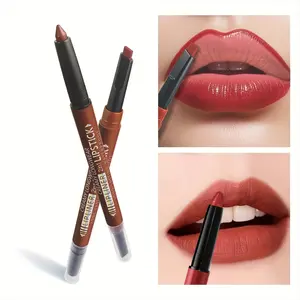 2Pcs Dual Use Lip Color Matte Lipstick Pencil Makeup Set Waterproof Long Lasting Lip Liner Glossy Non Stick Cup Smooth Lip Tint Suitable Beginner Cosmetic