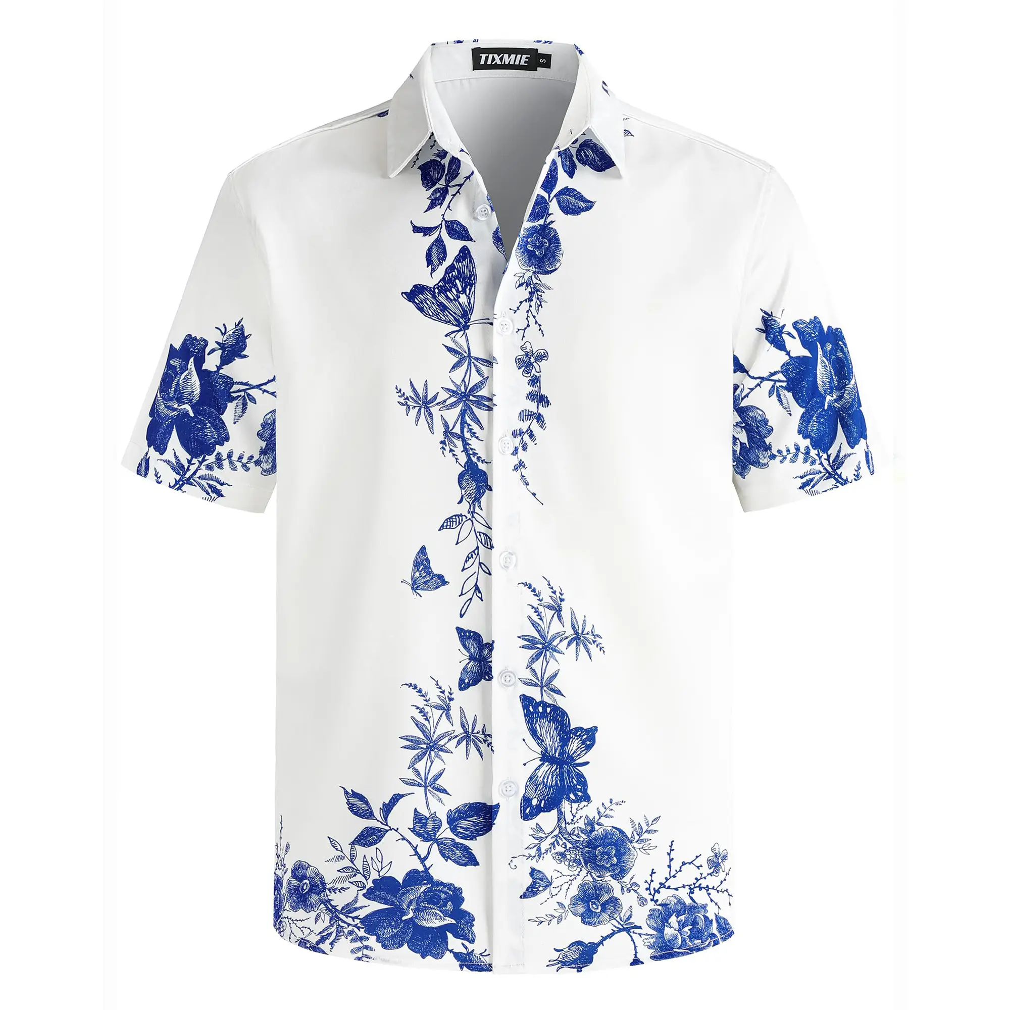 TIXMIE Menswear Short-Sleeve Button Closure Casual Shirt - Blue White Floral Butterfly Border Print Hawaiian Tops for Summer Beach, Shortsleeve, Men’s Clothes, Hawaiian Flair, Quick-Dry,clothes for back to school,first day of school outfits