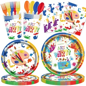 100pcs Art Paint Party Supplies Dinnerware Set, Painting Theme Party Decorations, Includes Plates, Napkins, Cups, Forks, Spoons, for Birthday Parties