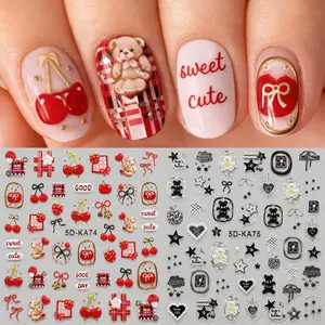 Cute Cat Embossed Nail Art Stickers, 5D Cherry Kitty Y2K Nail Decals, DIY Nail Decorations, Creative Nail decals Accessories Nail Salon